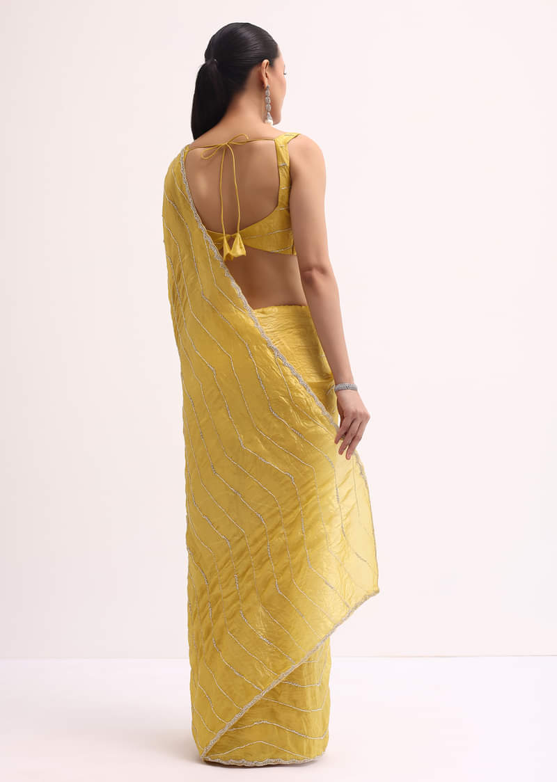 Mustard Yellow Embroidered Crepe Saree With Unstitched Blouse