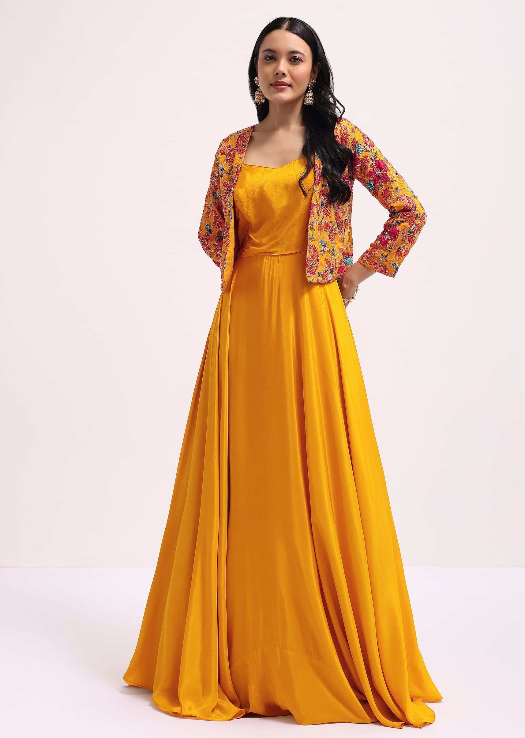 Buy Mustard Yellow Embroidered Silk Gown With Jacket