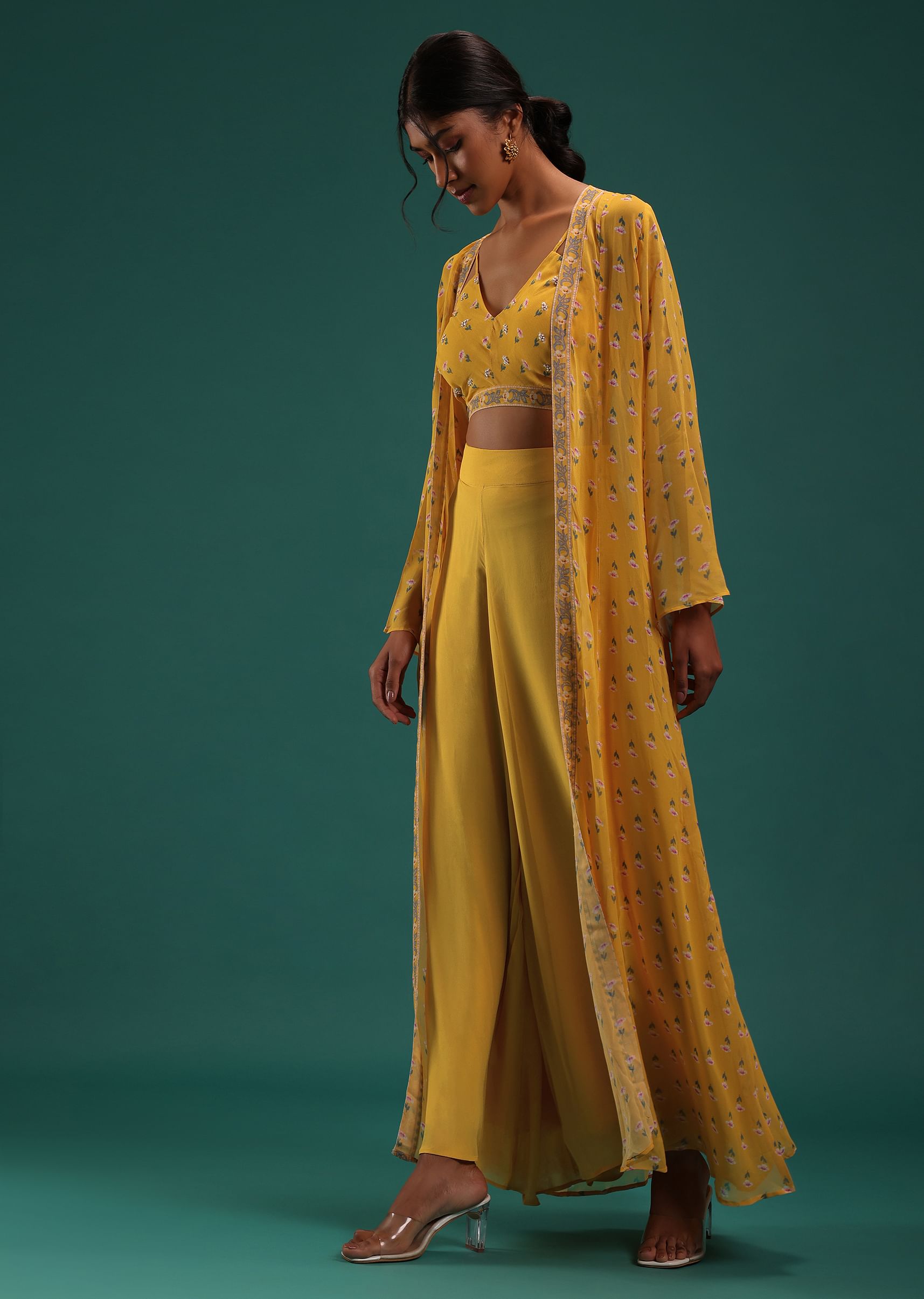 Buy Mustard Yellow Floral Printed Crop Top And Palazzo Set With Cape In Georgette