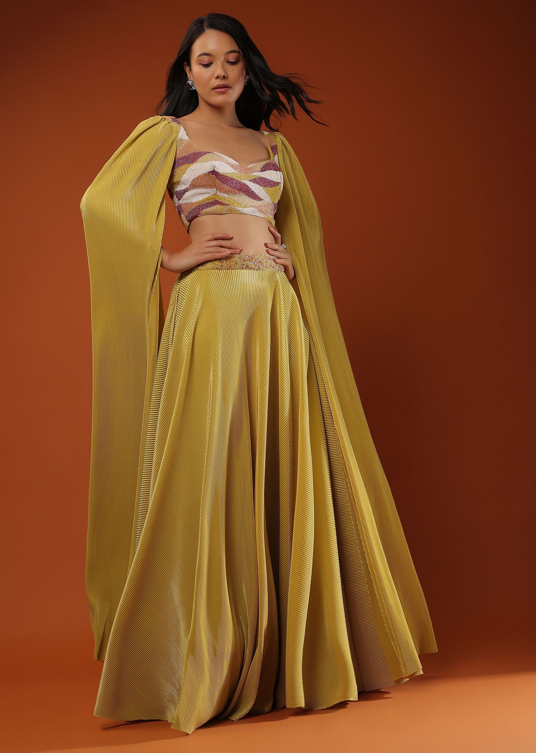 Buy Mustard Yellow Lehenga And Crop Top In Long Cape Sleeves Buy Mustard Yellow Lehenga And Crop Top In Long Cape Sleeves