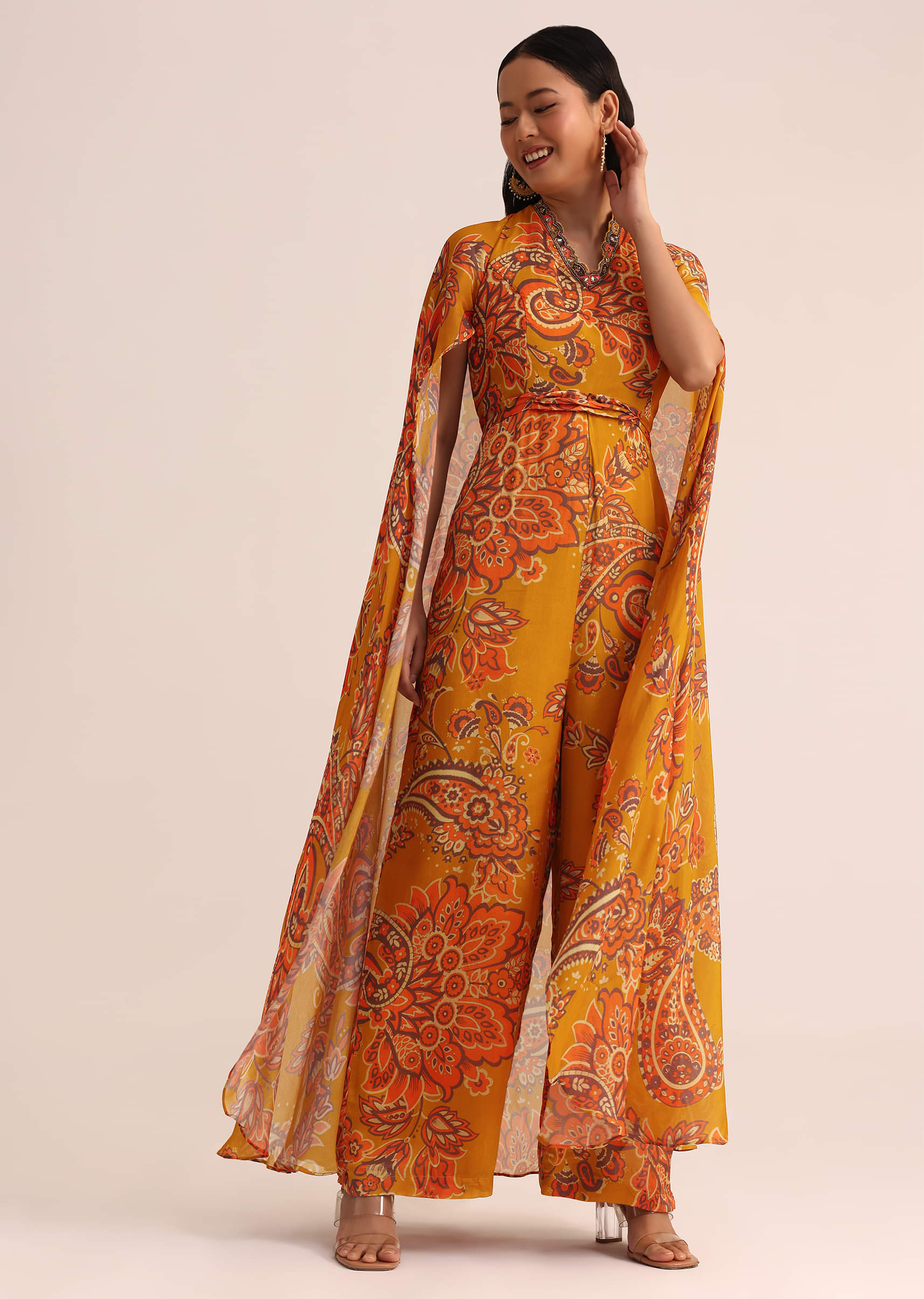 Buy Mustard Yellow Printed Chiffon Jumpsuit