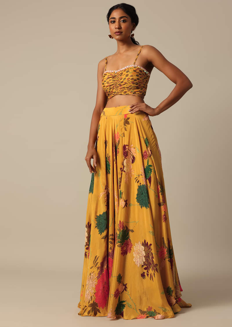 Mustard Yellow Printed Jacket And Lehenga Set