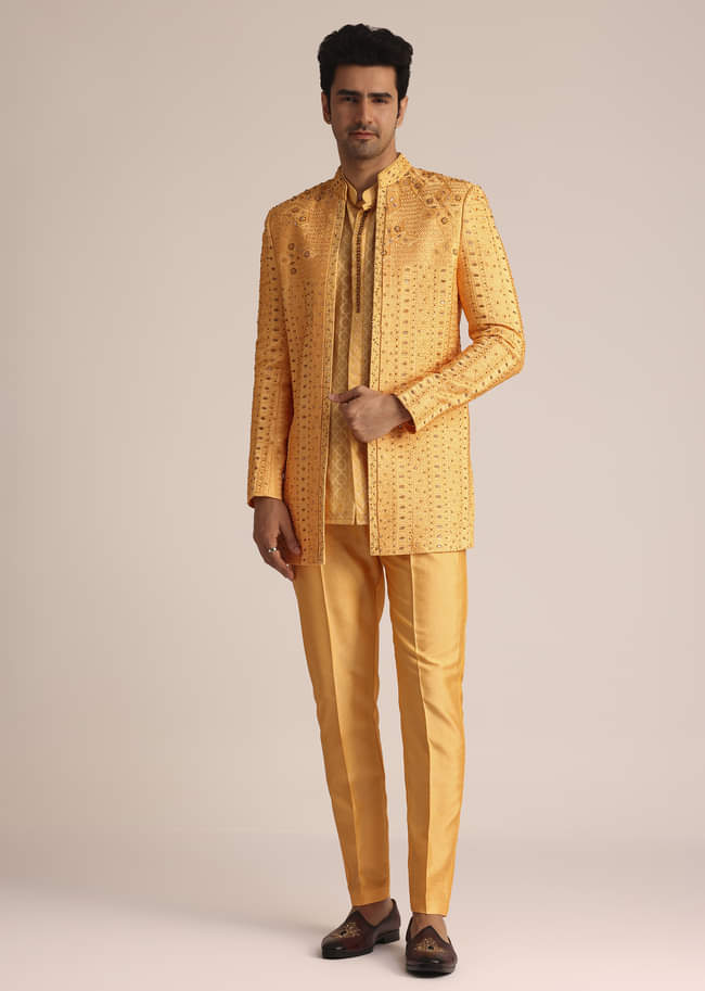 Mustard Yellow Silk Indo Western Set With Zardosi Work