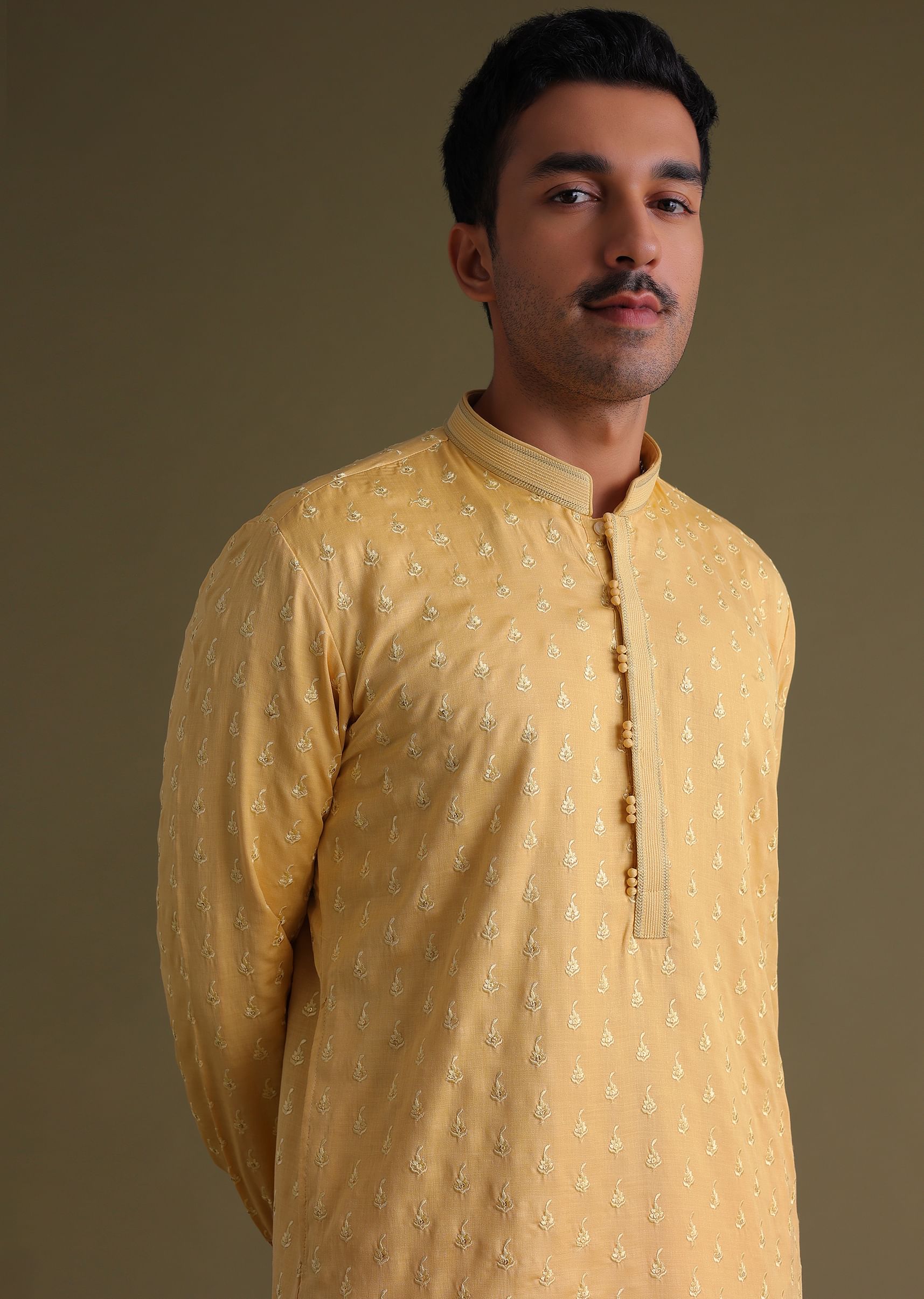 Buy Mustard Yellow Thread Embroidered Festive Kurta Set With Motif Work