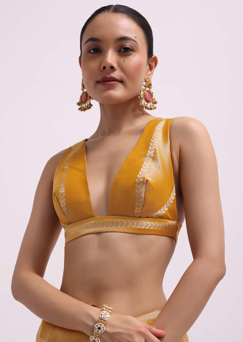 Mustard Yellow Zari Woven Chanderi Saree With Unstitched Blouse