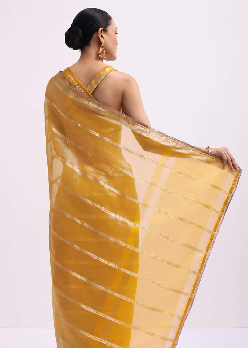 Mustard Yellow Zari Woven Chanderi Saree With Unstitched Blouse