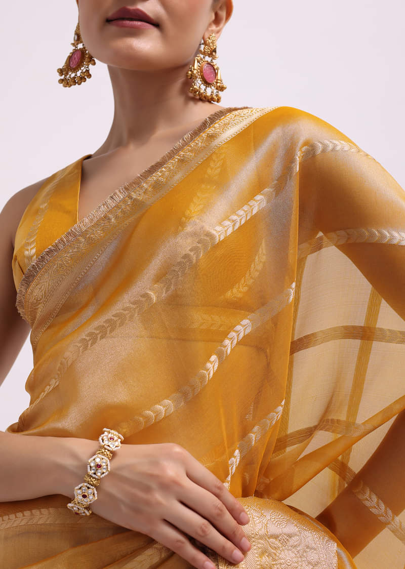Mustard Yellow Zari Woven Chanderi Saree With Unstitched Blouse