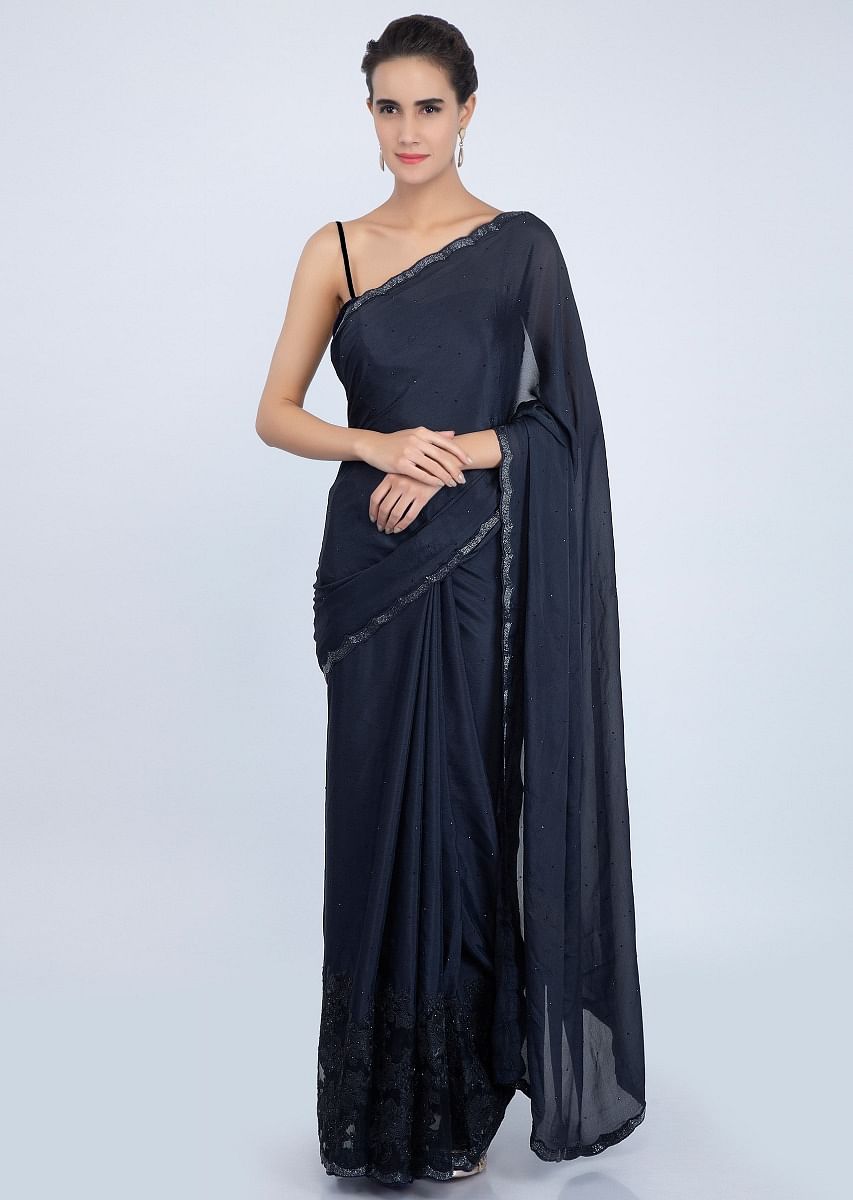 Navy blue chiffon saree shop