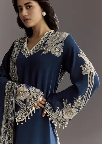 Navy Blue Crepe Moti Work Kurta With Printed Palazzo Dupatta