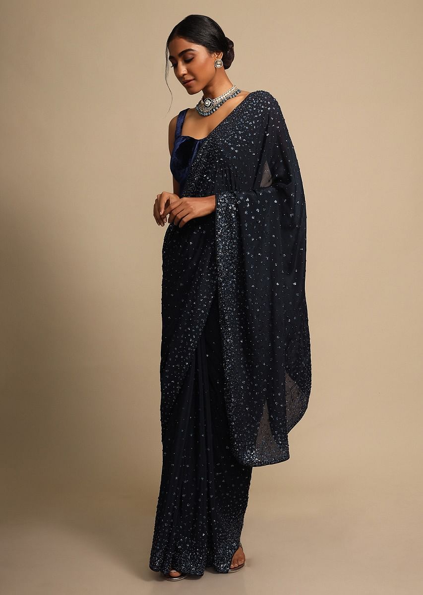 Smoky Blue 2024 Sequins Zig Zag Saree