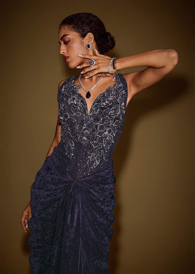 Navy Blue Sleeveless Velvet Corset Drape Gown With 3D Embellishments