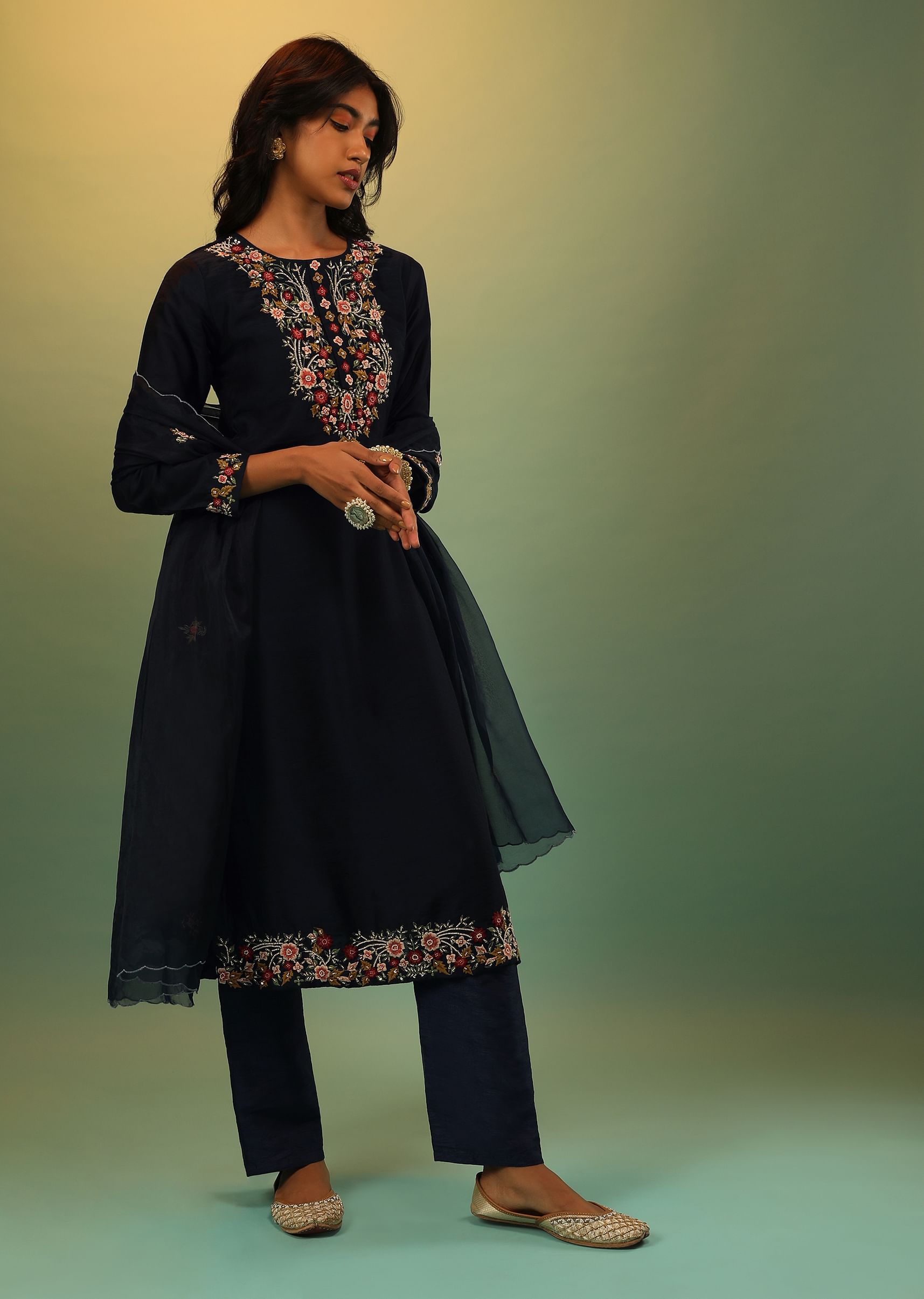 Buy Navy Blue Straight Cut Kurti And Dupatta Set With Multi Colored Thread And Moti Embroidered Floral Design KALKI Fashion Global
