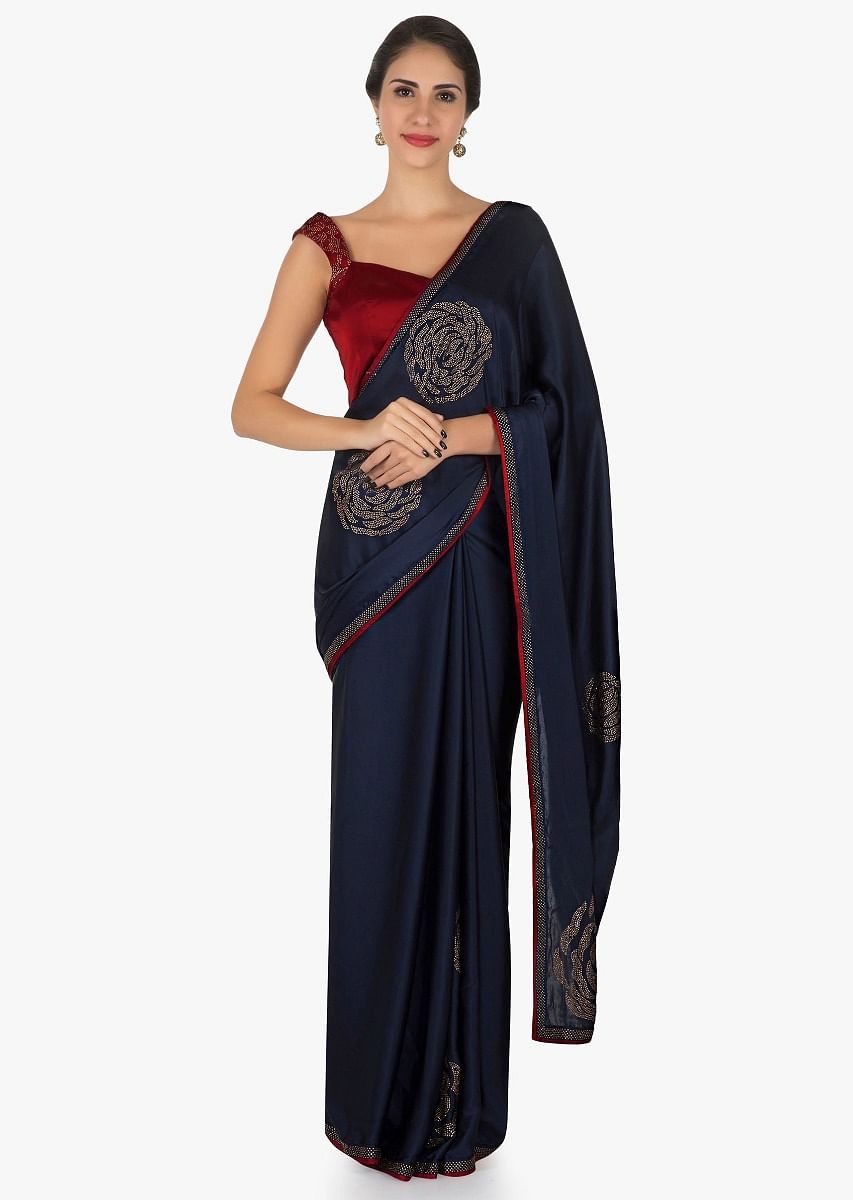 Red saree with navy blue blouse store