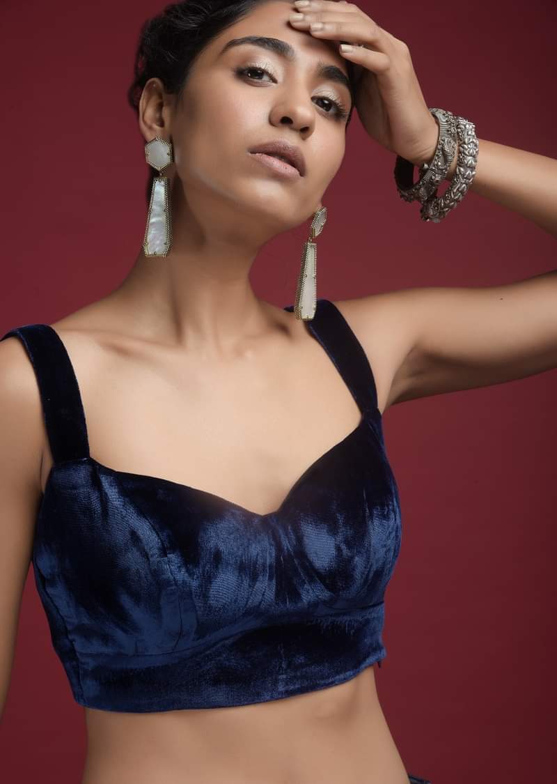 Buy Navy blue Corset Blouse In Velvet With Sweetheart