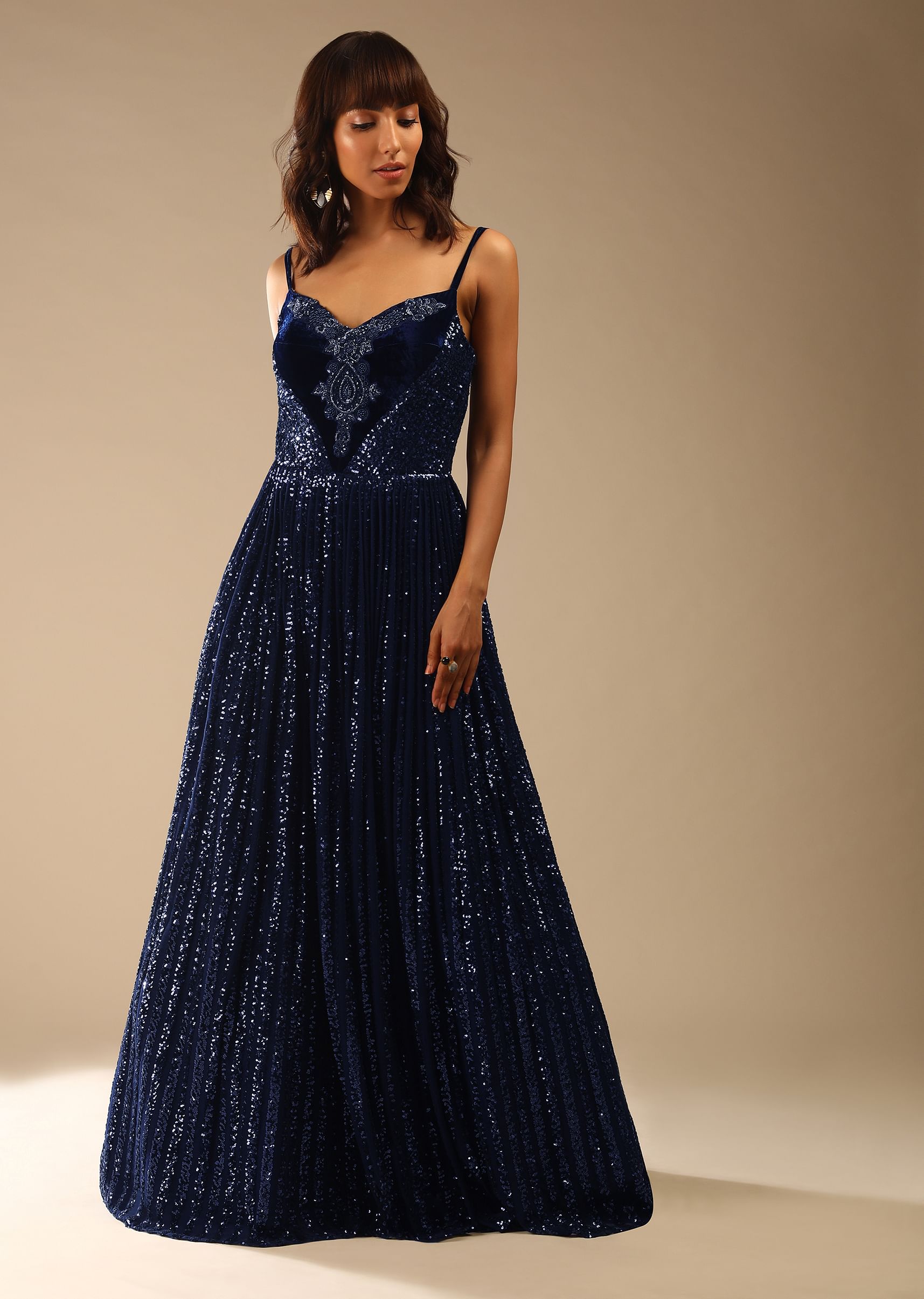 Buy Navy Blue Corset Gown In Sequins Embellished Net With Cut Dana Embroidered Velvet Patch On The Bodice Online Kalki Fashion