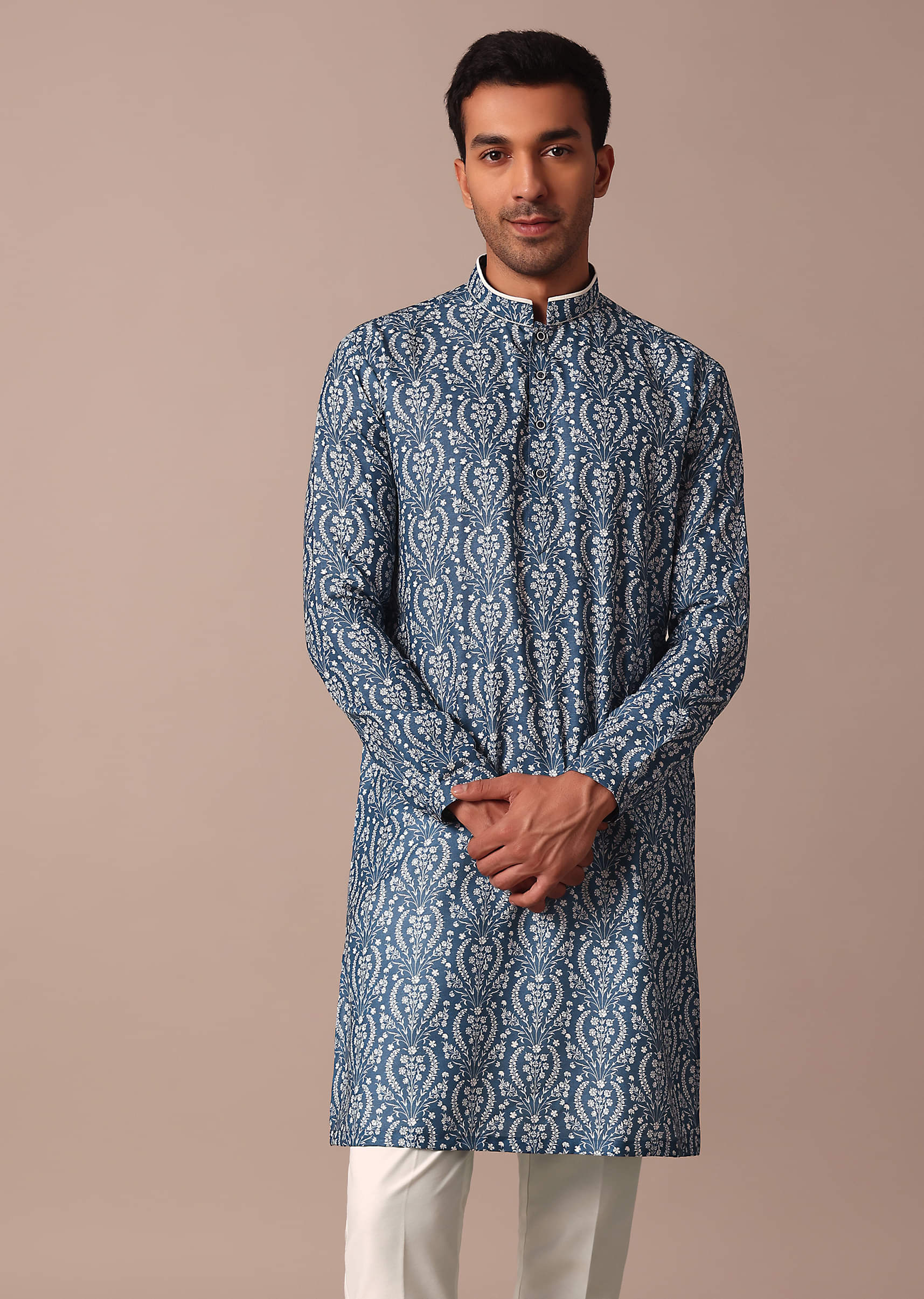 Buy Navy Blue Cotton Silk Straight Kurta With Printed Work KALKI Fashion India
