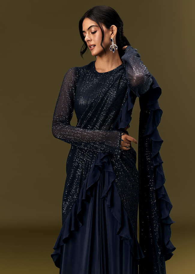 Navy Blue Crepe Ready Pleated Saree With Full Sleeve High Neck Blouse