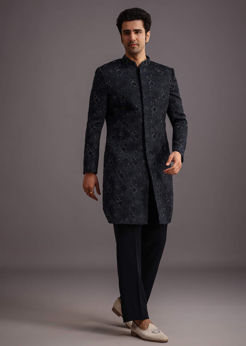 Navy Blue Cutdana Embroidered Indowestern Suit