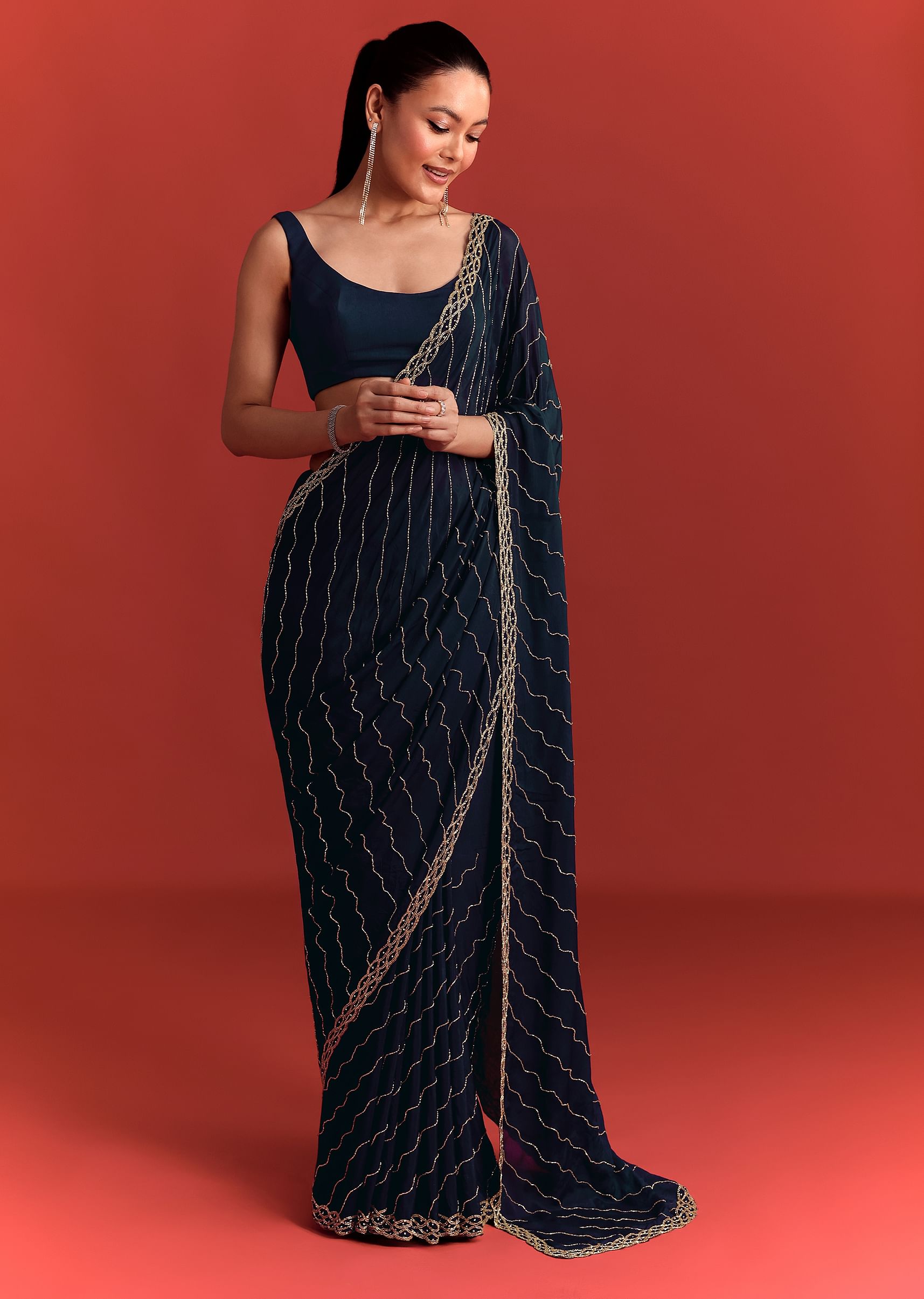 Buy Navy Blue Cutdana Work Chinnon Saree| KALKI Fashion India