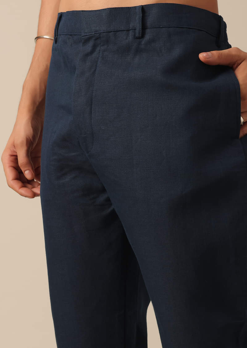 Navy Blue Embroidered Jacket Kurta Set In Linen