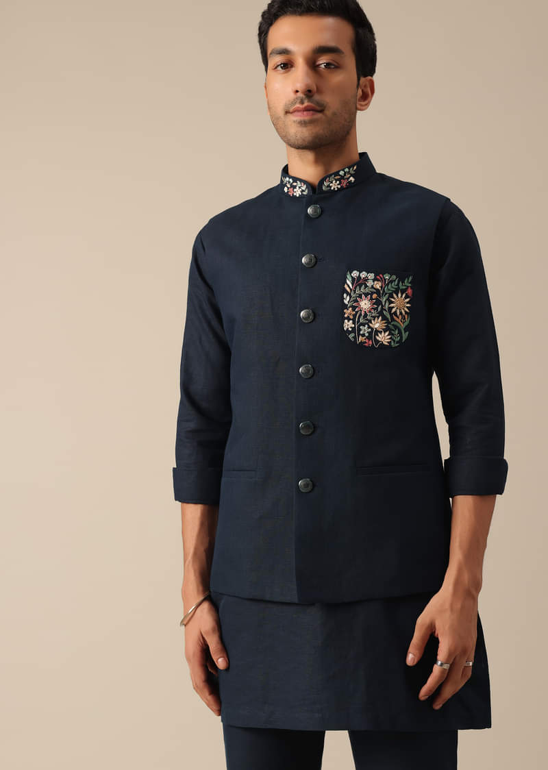Navy Blue Embroidered Jacket Kurta Set In Linen