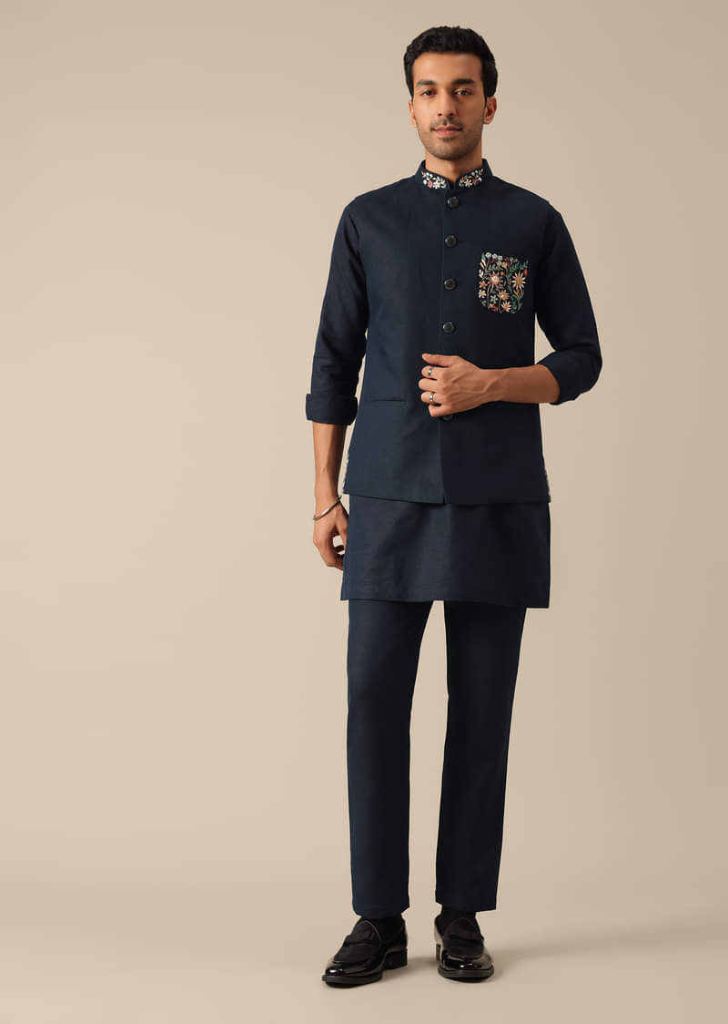 Navy Blue Embroidered Jacket Kurta Set In Linen