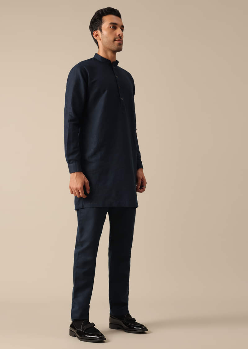 Navy Blue Embroidered Jacket Kurta Set In Linen