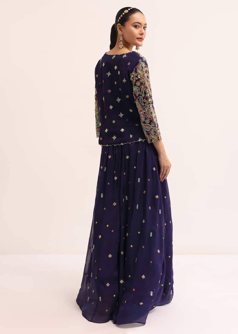 Navy Blue Embroidered Lehenga Set With Jacket