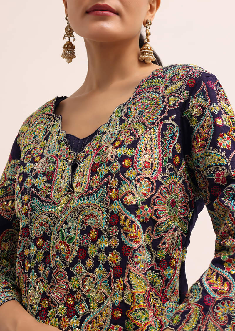 Navy Blue Embroidered Lehenga Set With Jacket