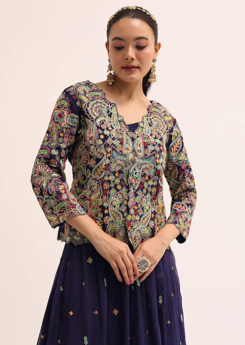 Navy Blue Embroidered Lehenga Set With Jacket