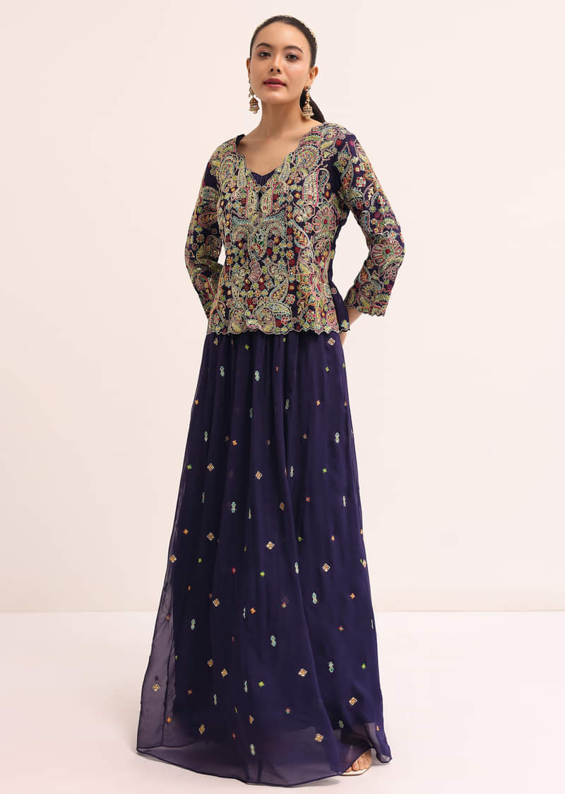 Navy Blue Embroidered Lehenga Set With Jacket