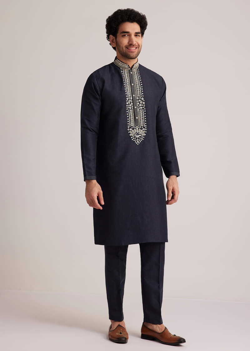 Navy Blue Embroidered Sherwani Kurta Set