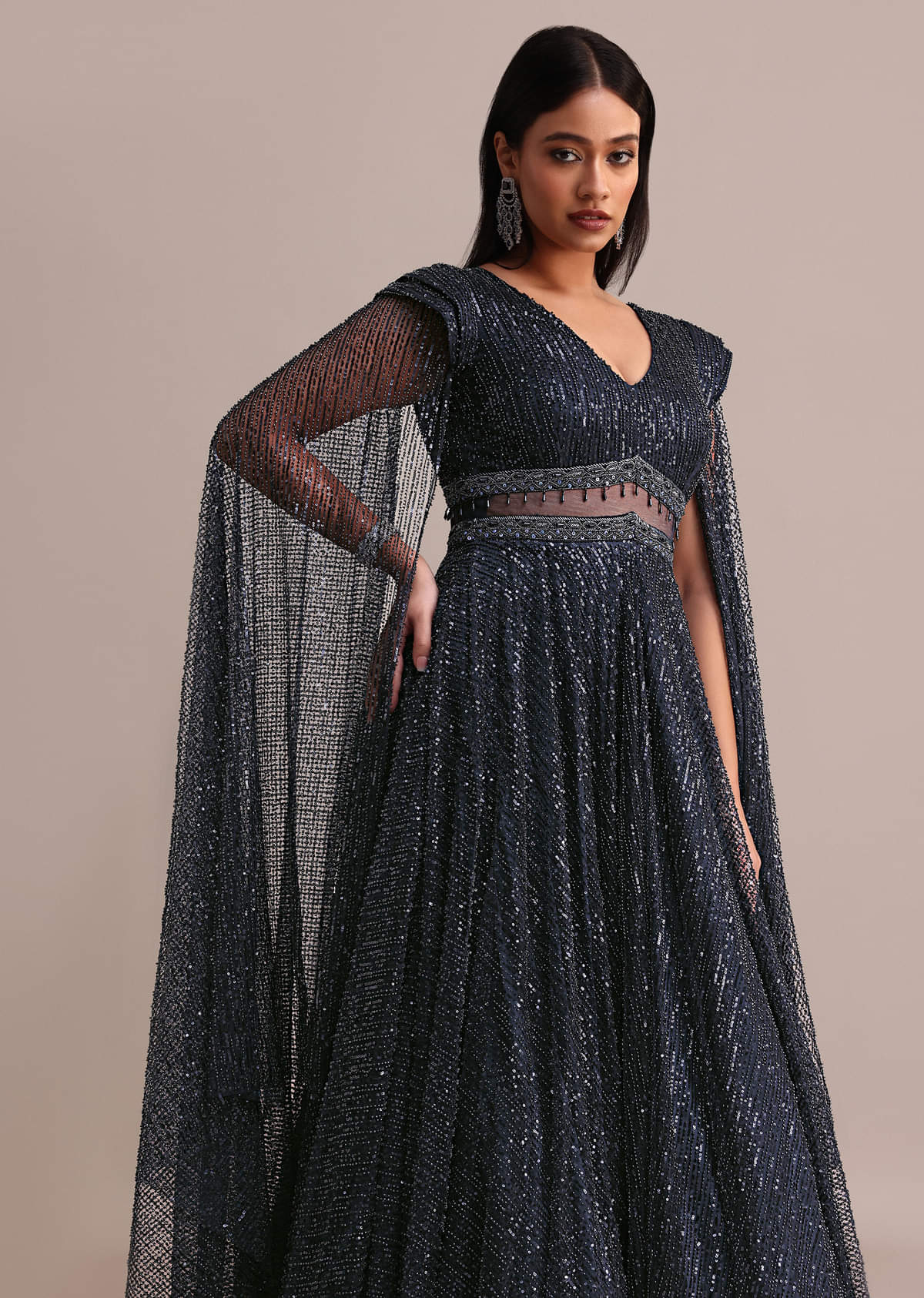 Buy Navy Blue Flared Circular Gown With Wings On Sleeves