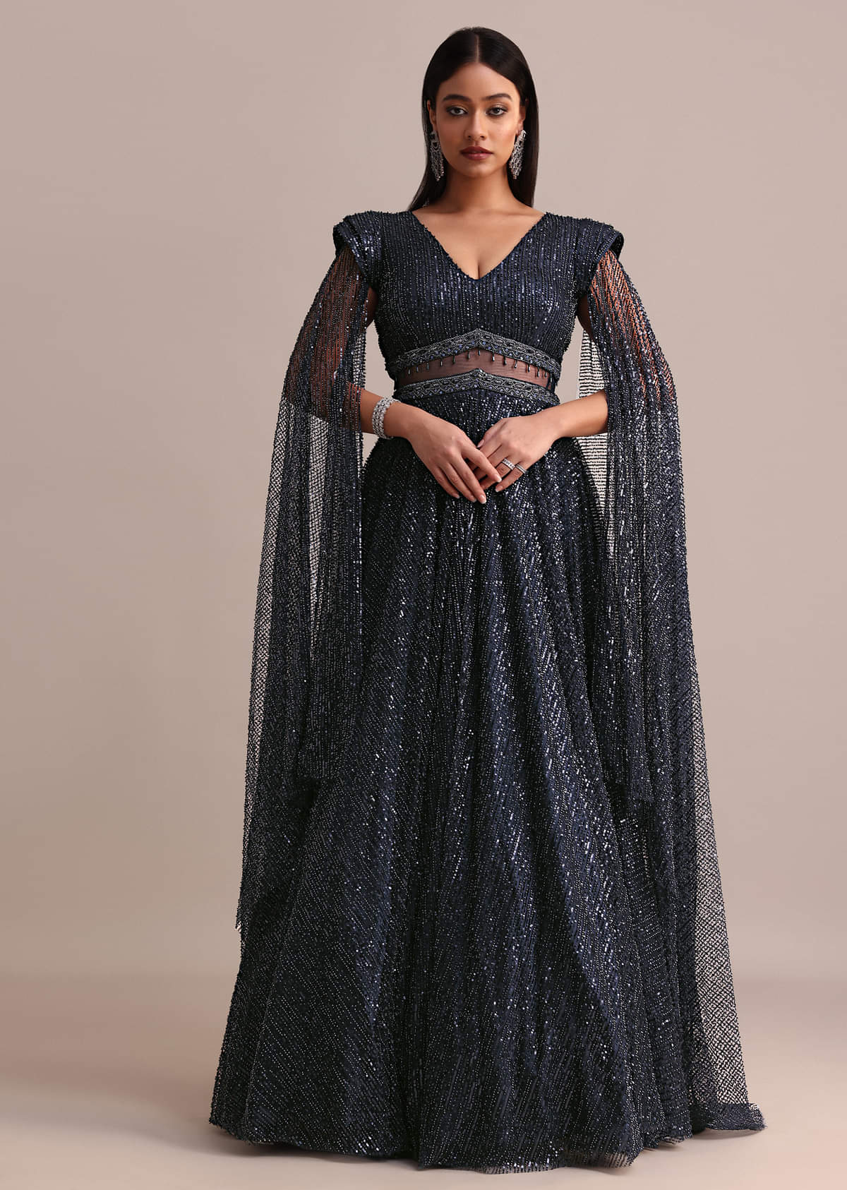 Buy Navy Blue Flared Circular Gown With Wings On Sleeves