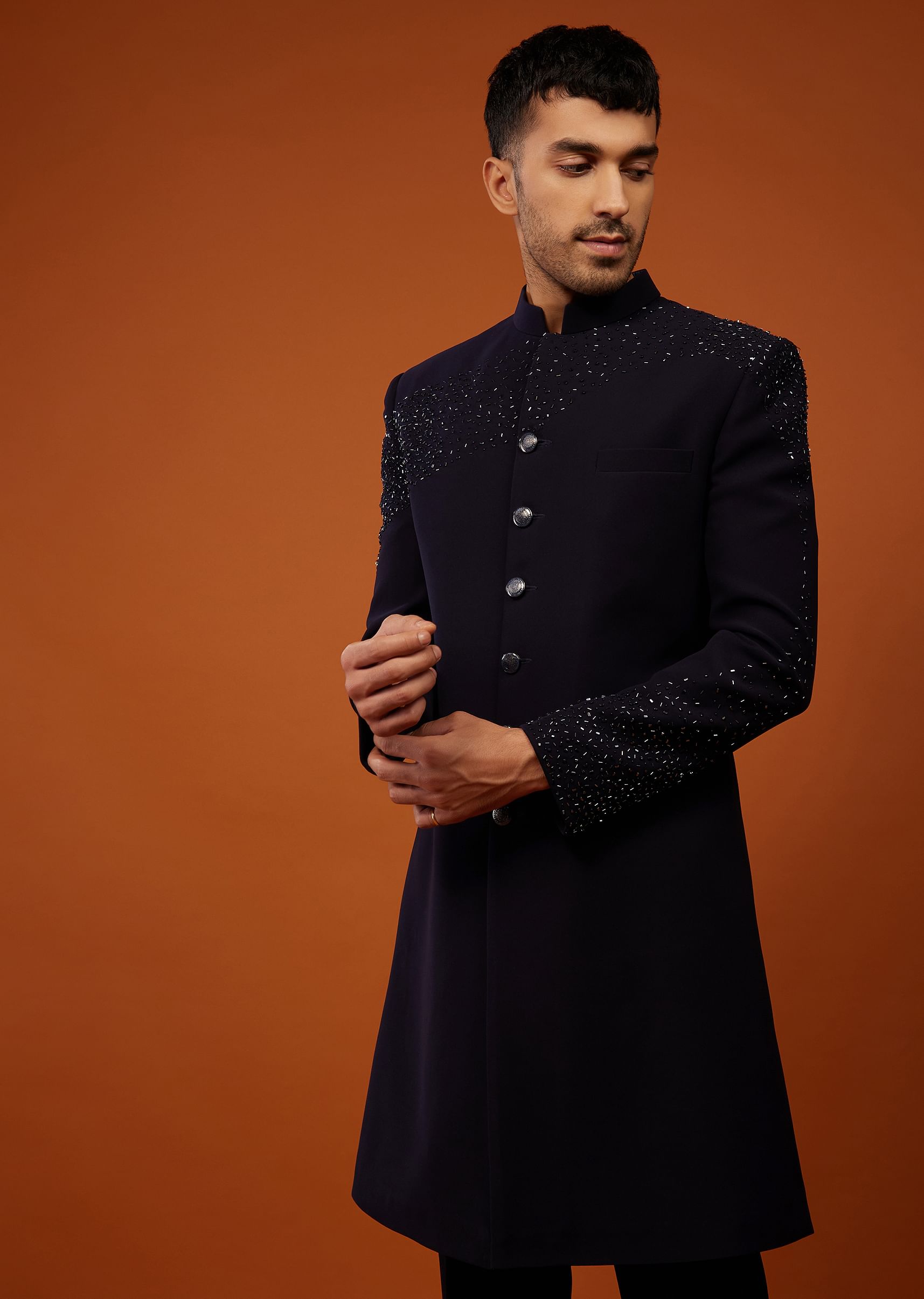 Buy Navy Blue Indo Western Sherwani Set Embroidered In Japanese Suiting Fabric KALKI Fashion India