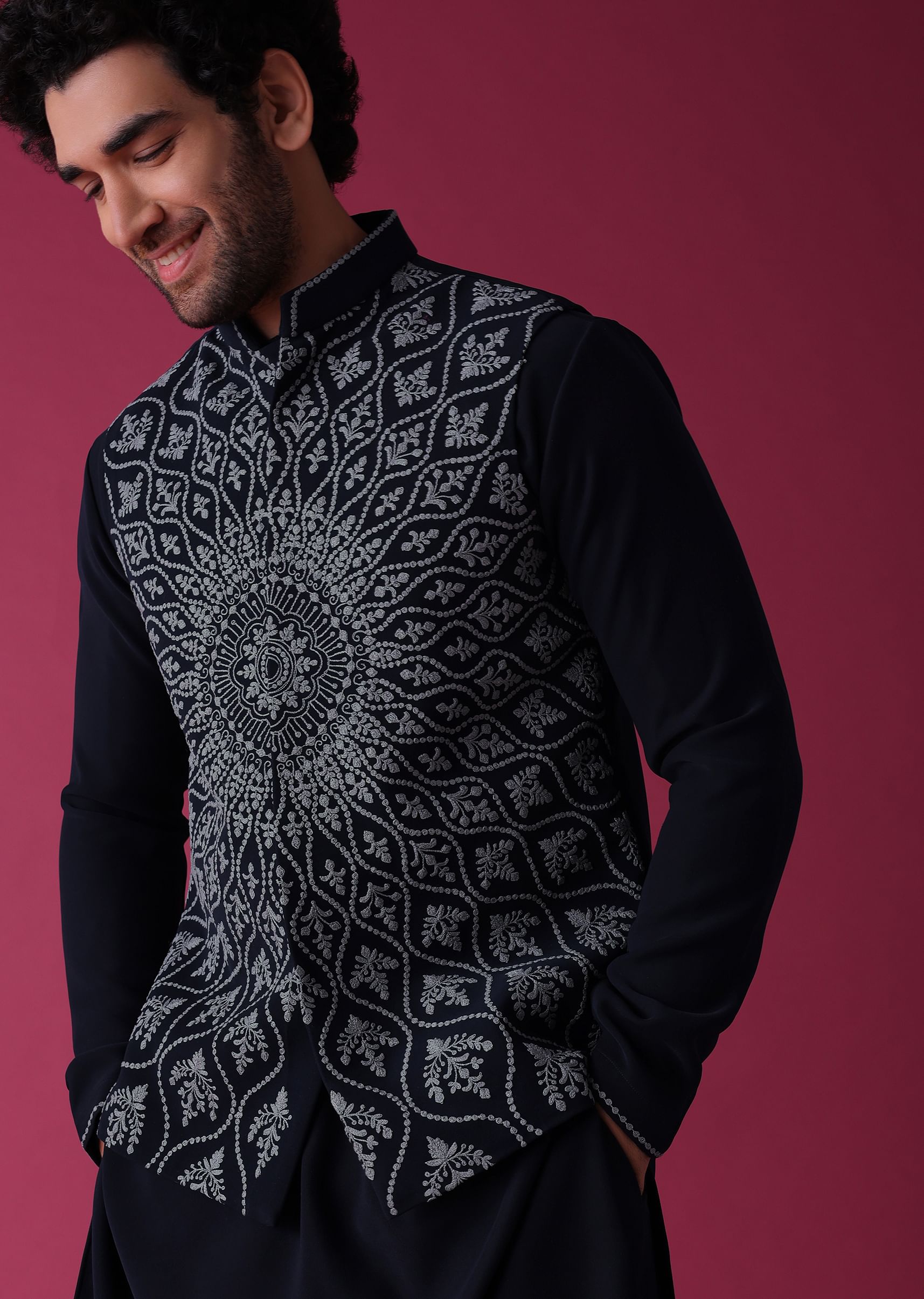 Buy Navy Blue Jacket Kurta Set In Silk With Detailed Threadwork Patterns KALKI Fashion India