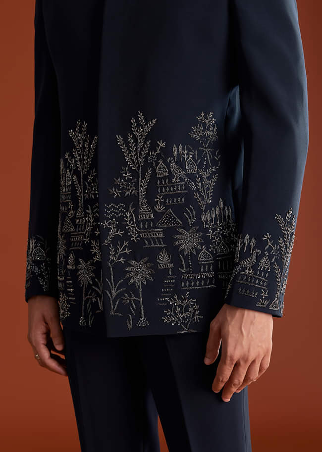Navy Blue Jodhpuri Suit In Lachkaa Fabric With Hand Embroidery