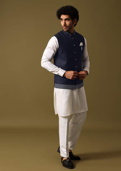 Buy Navy Blue Kurta Jacket Set With Resham Work For Men KALKI