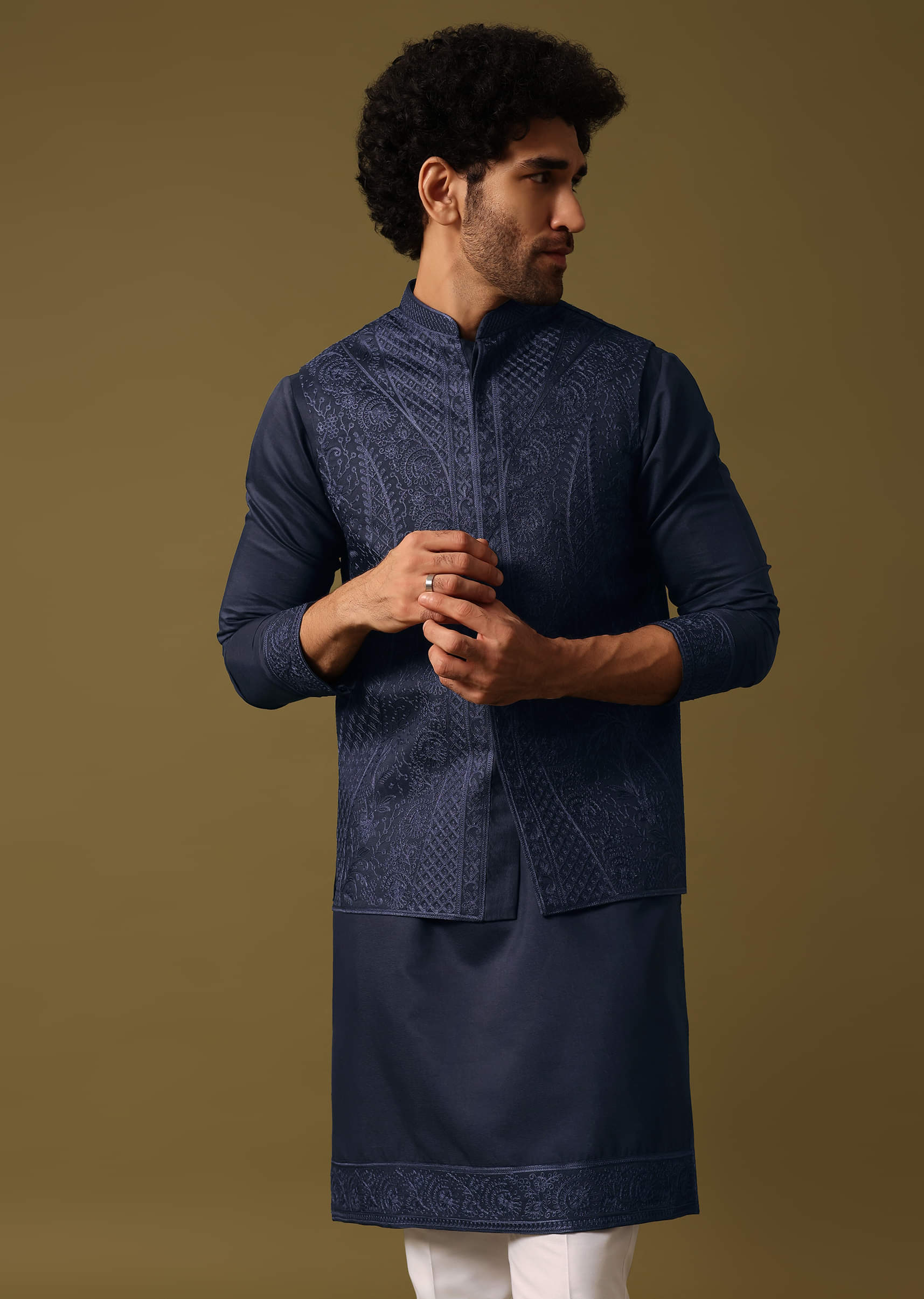 Buy Navy Blue Kurta Jacket Set In Resham Work For Men KALKI Fashion India
