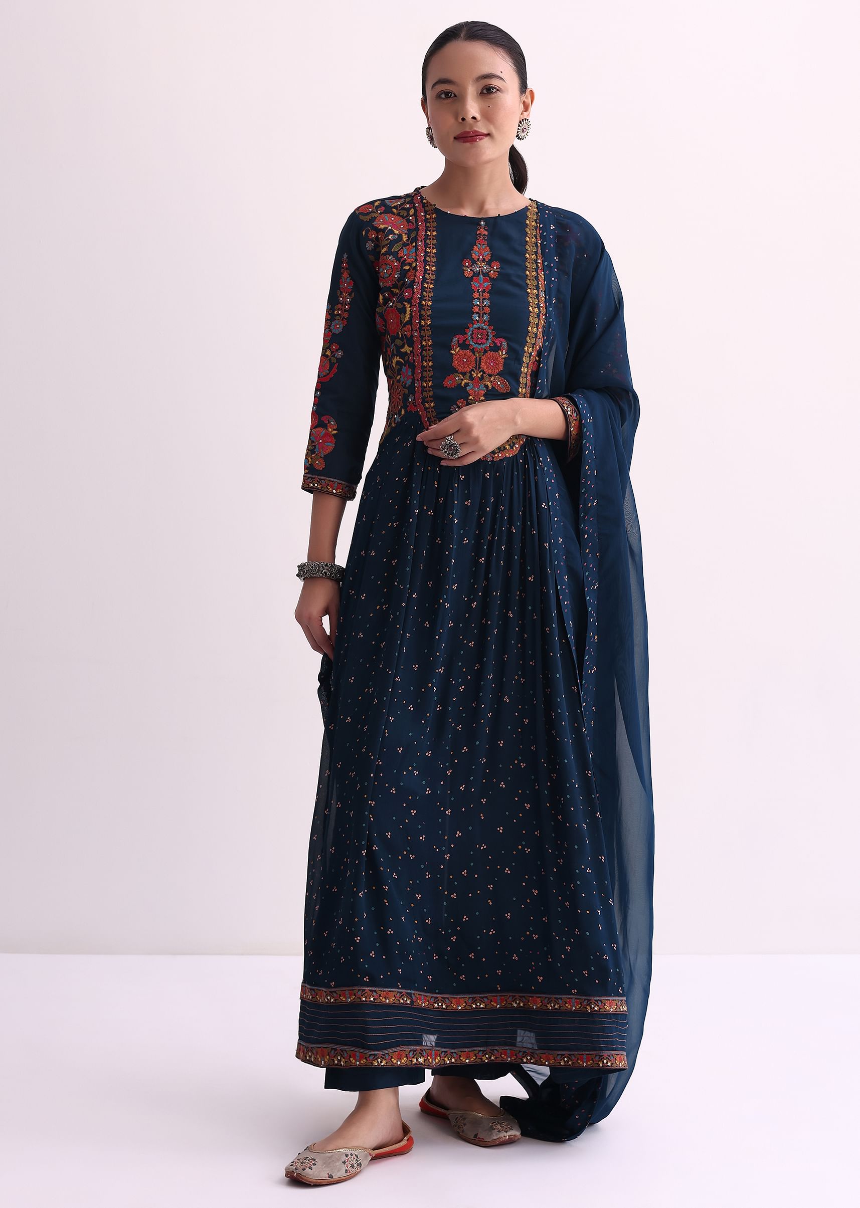 Buy Navy Blue Kurti Pant Set With Dupatta And Resham Thread Work