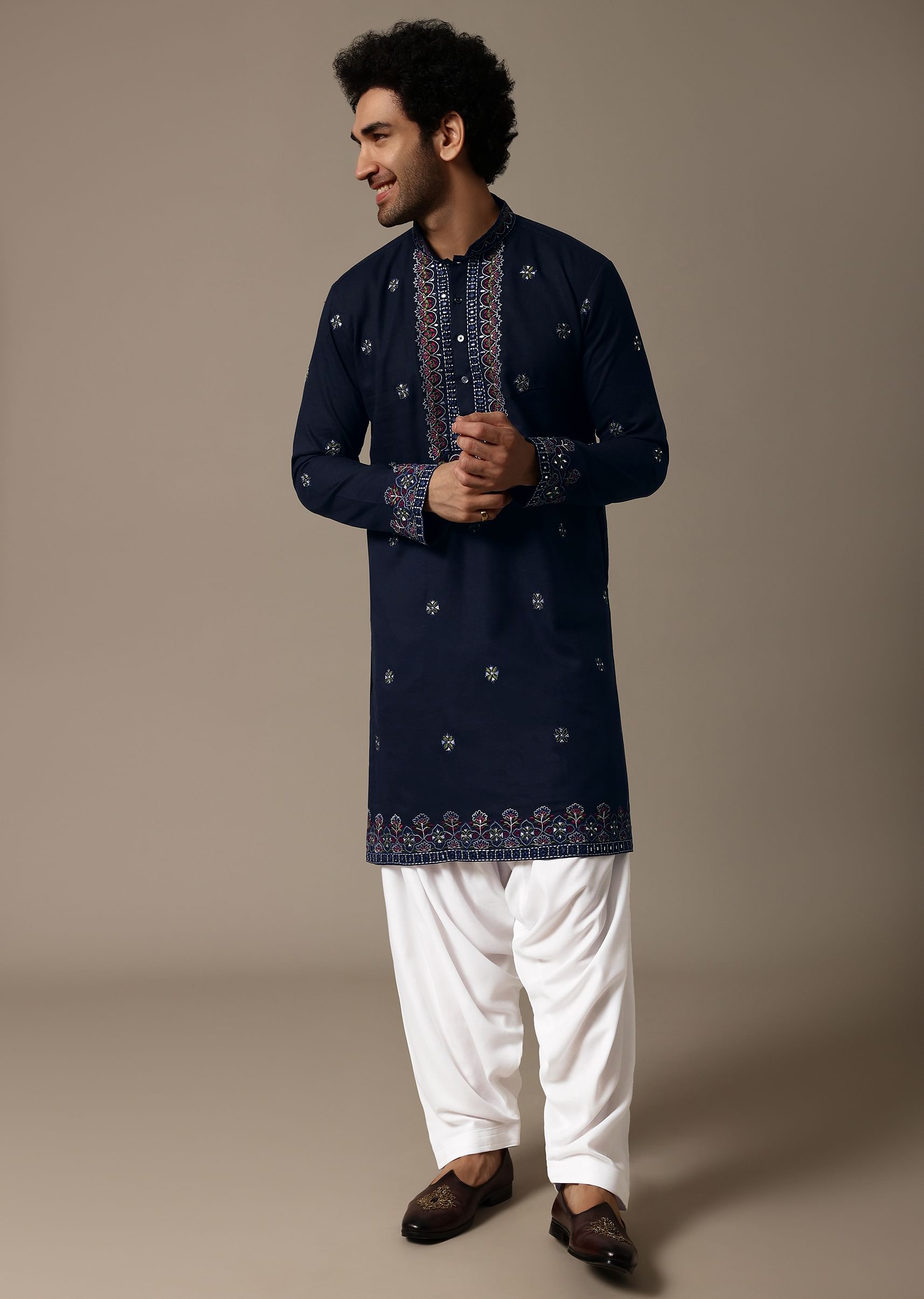 Buy Navy Blue Linen Kurta Salwar For Men KALKI Fashion India