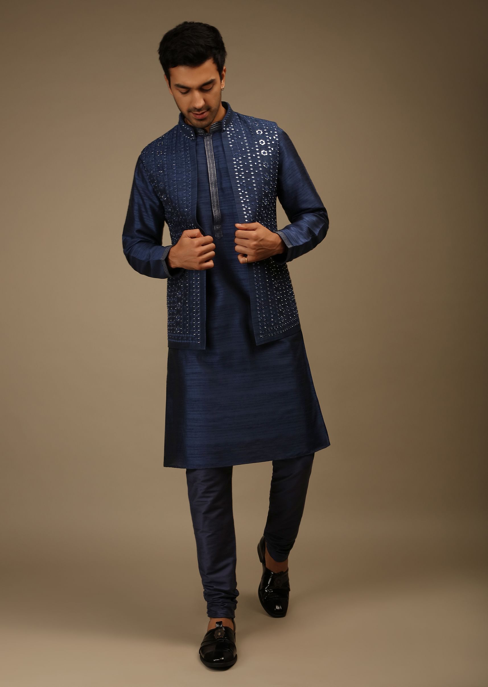 Buy Navy Blue Nehru Jacket And Kurta Set In Tussar Silk With Resham And Mirror Abla Embroidered Geometric Design KALKI Fashion India