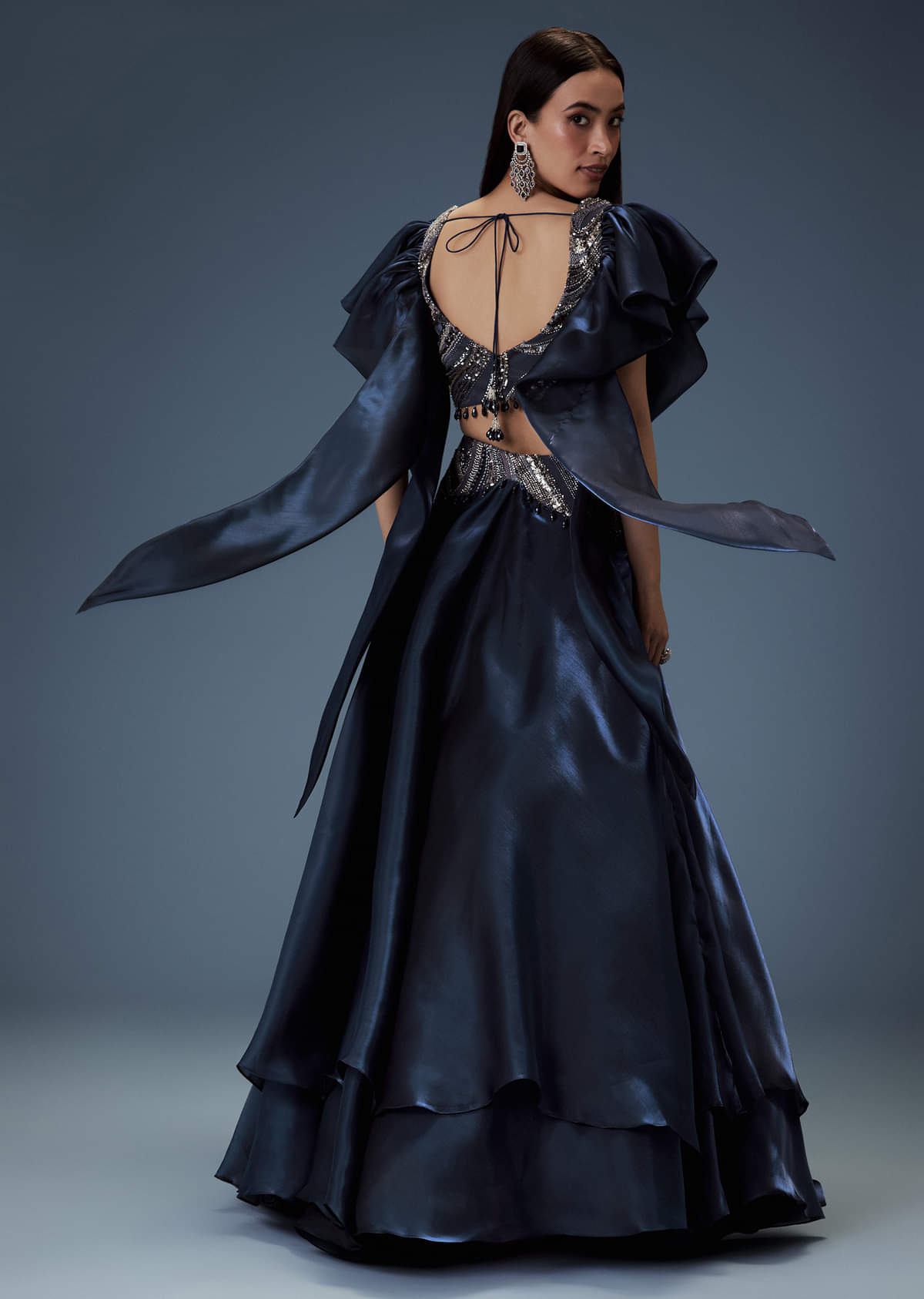 Navy Blue Organza Butterfly Blouse With Skirt