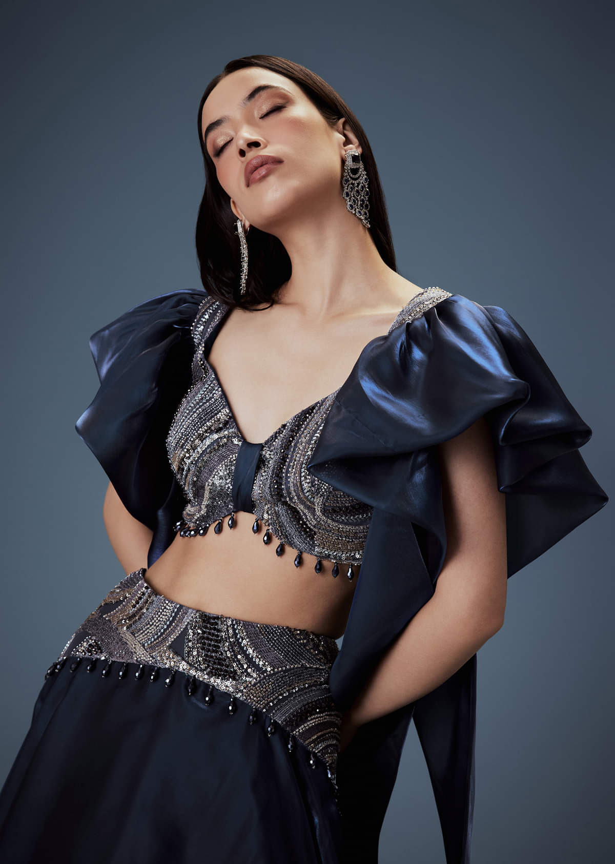 Navy Blue Organza Butterfly Blouse With Skirt