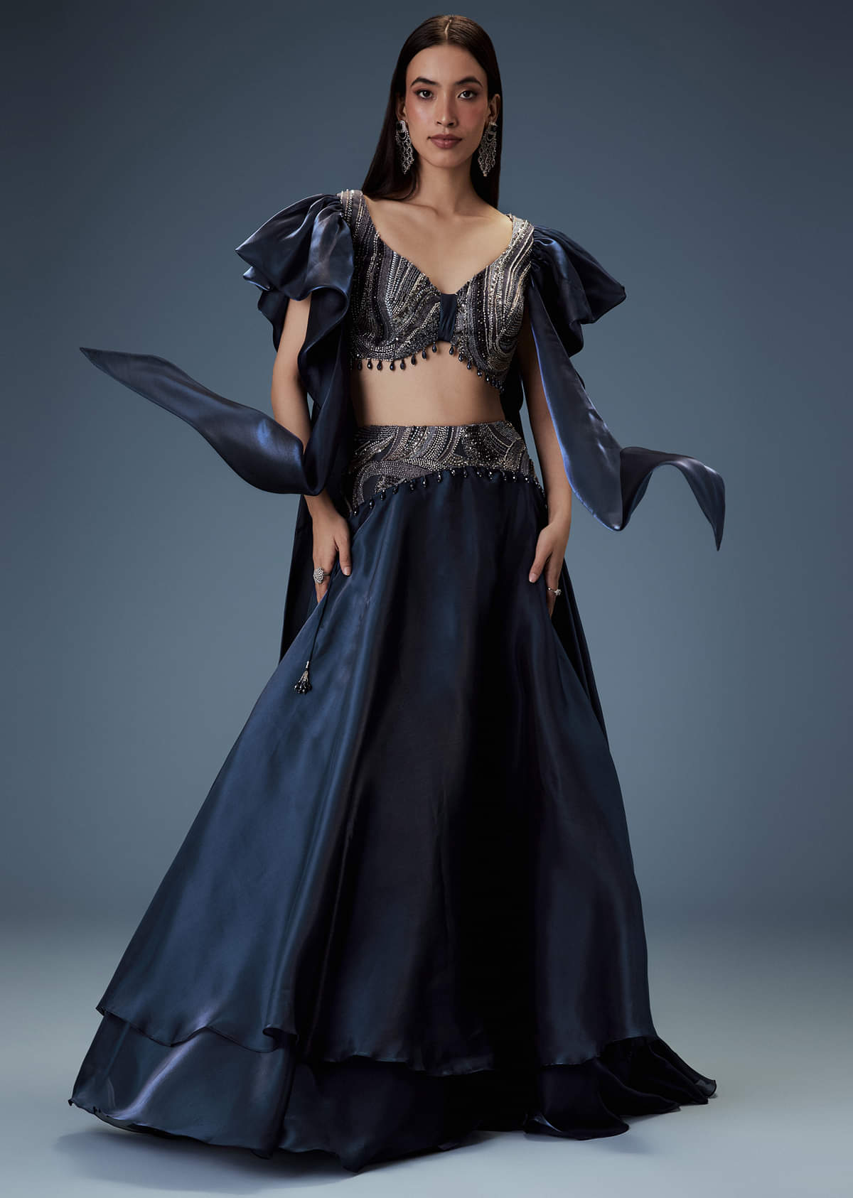 Navy Blue Organza Butterfly Blouse With Skirt