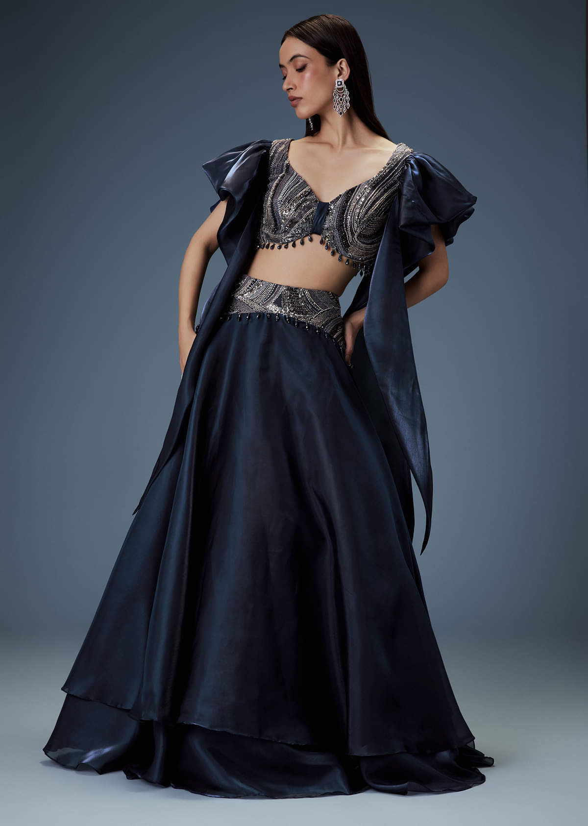 Navy Blue Organza Butterfly Blouse With Skirt