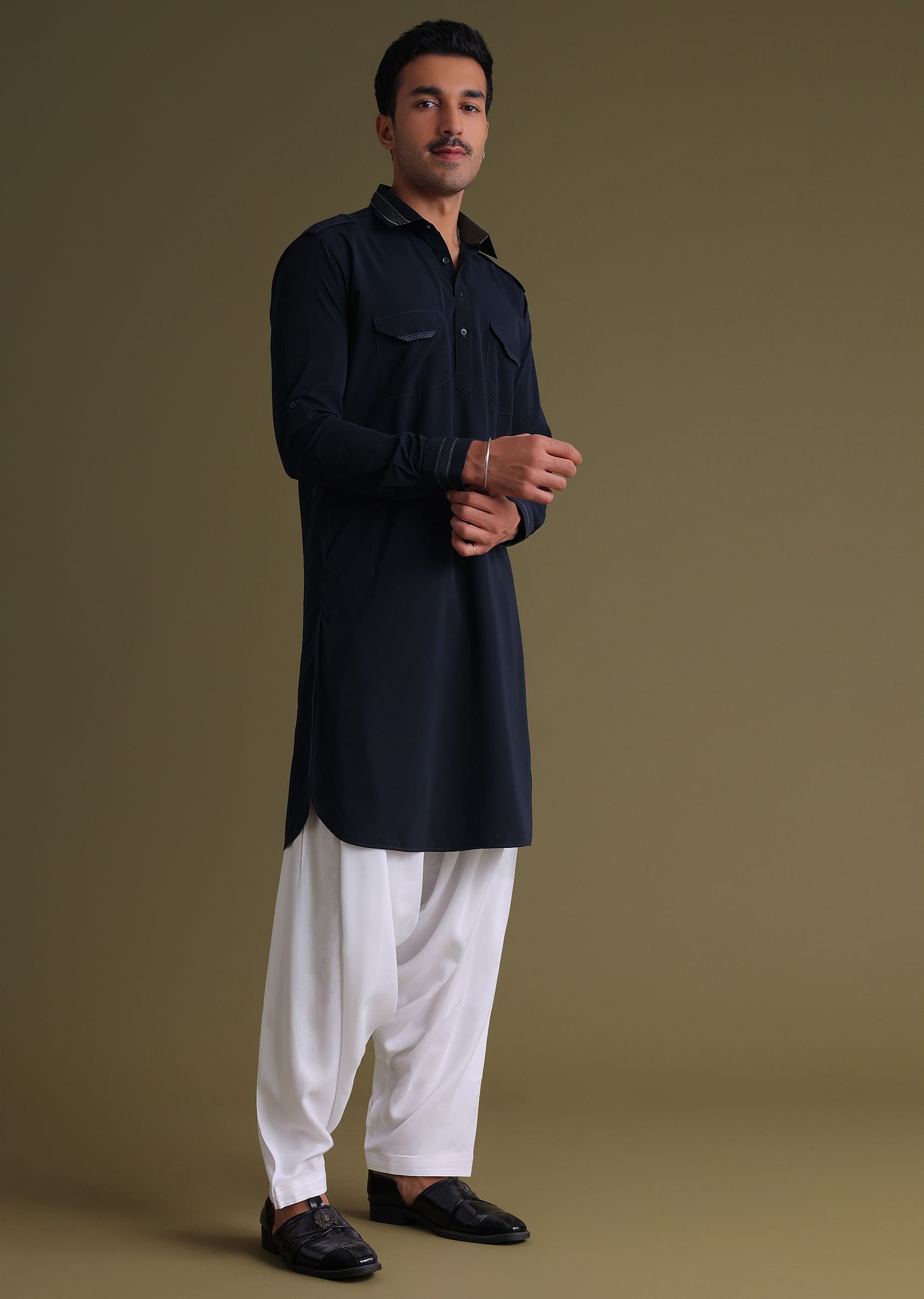 Buy Navy Blue Rayon Pathani Kurta Set KALKI Fashion Global