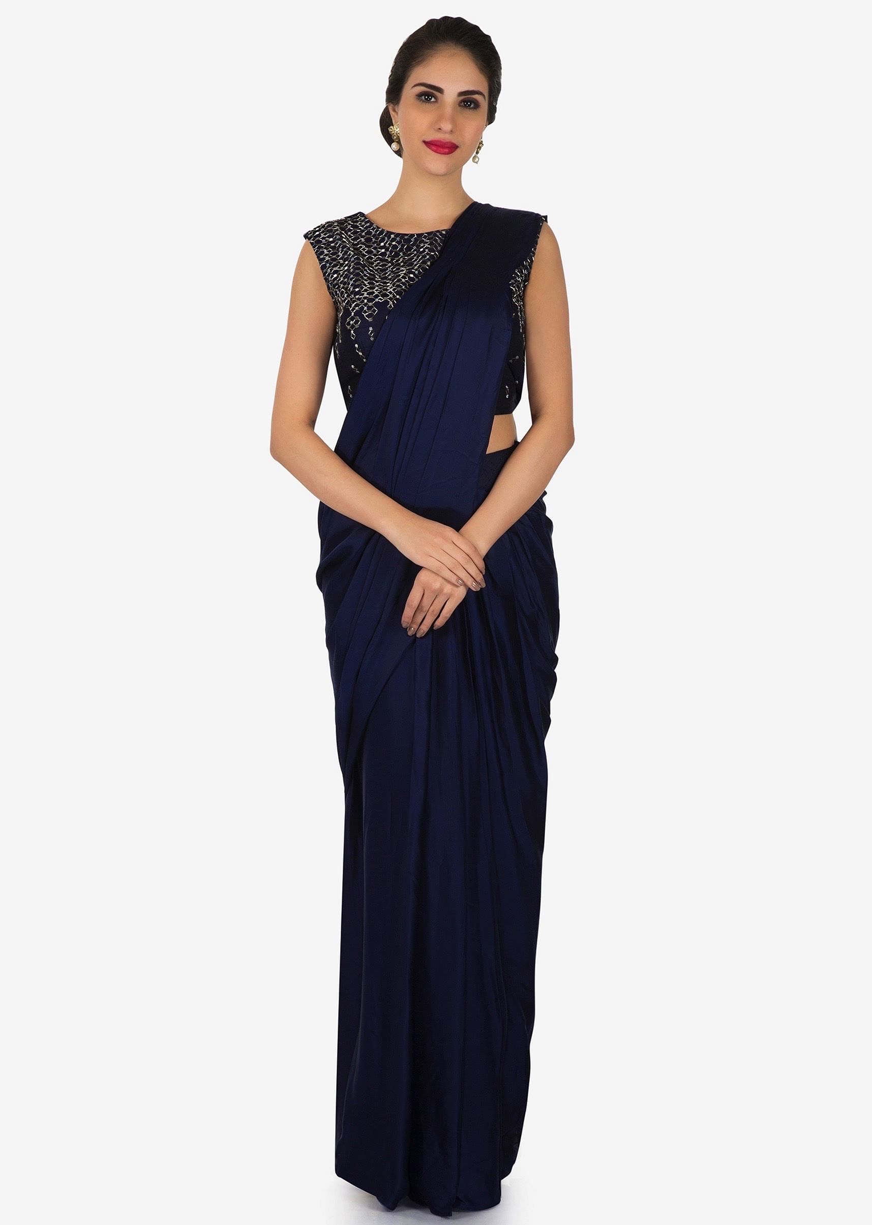 Navy blue plain satin saree shop