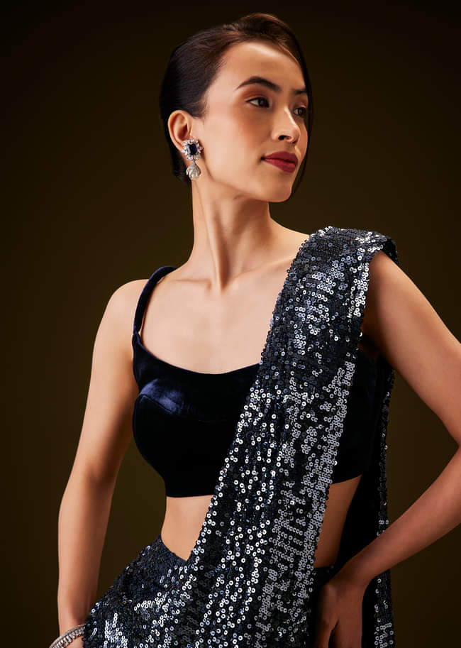 Navy Blue Sequins Ready Pleated Saree with Velvet Blouse