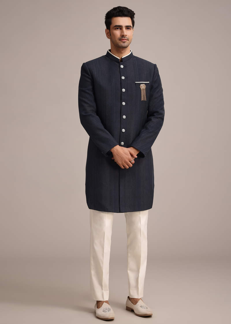 Navy Blue Sherwani Set In Silk